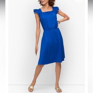 Talbots Dress Sz SP, Royal Blue, Stretch, Eyelet Cotton, Square Neck, Cap Sleeve